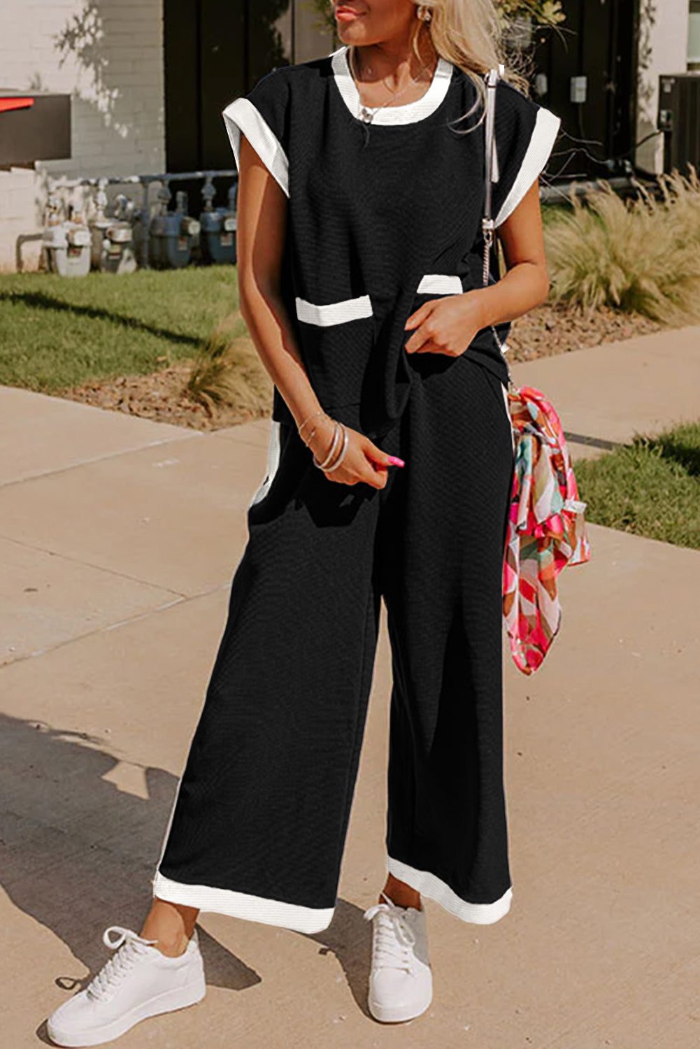 Navy Colorblock Pocket Tee Wide Leg Pants Two Piece Set