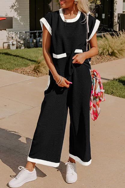 Navy Colorblock Pocket Tee Wide Leg Pants Two Piece Set