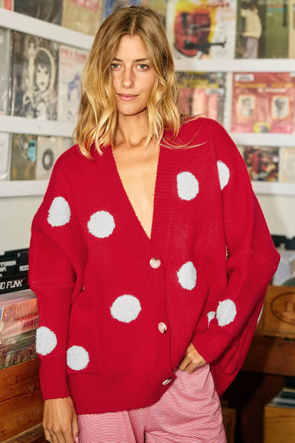 Polka Dot Oversized V Neck Knit Cardigan Sweater