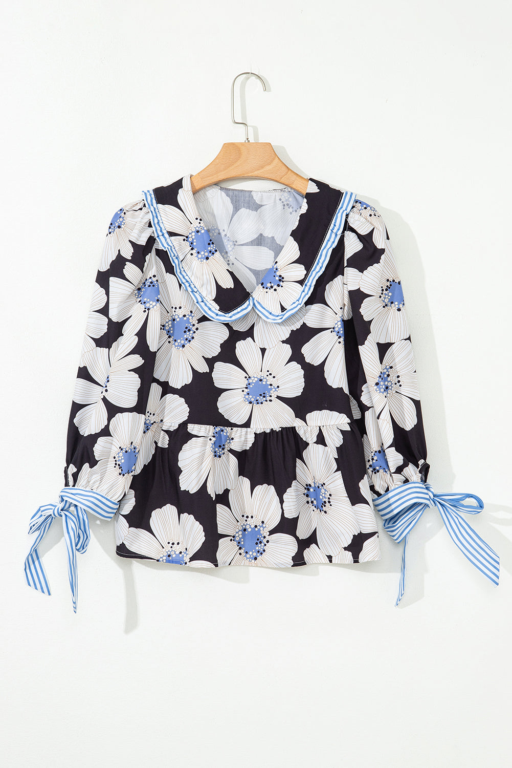 Floral Print Blouse Women Tie Sleeve Collared Top