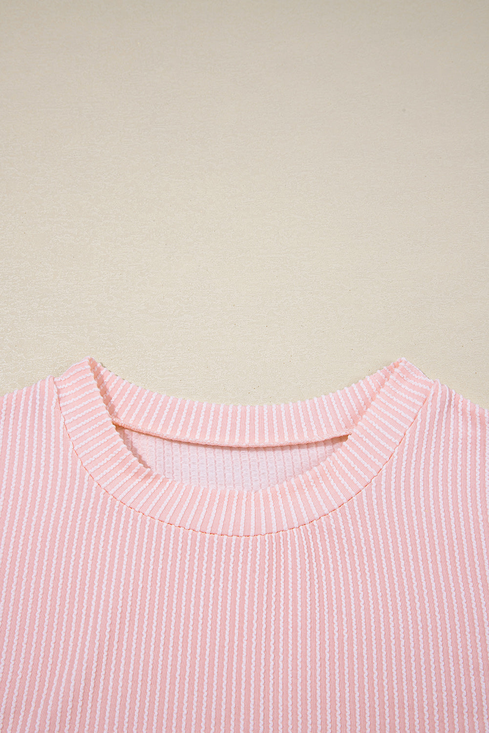 Pink Striped Textured Knit Pocket Casual Tee
