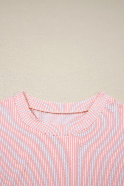 Pink Striped Textured Knit Pocket Casual Tee
