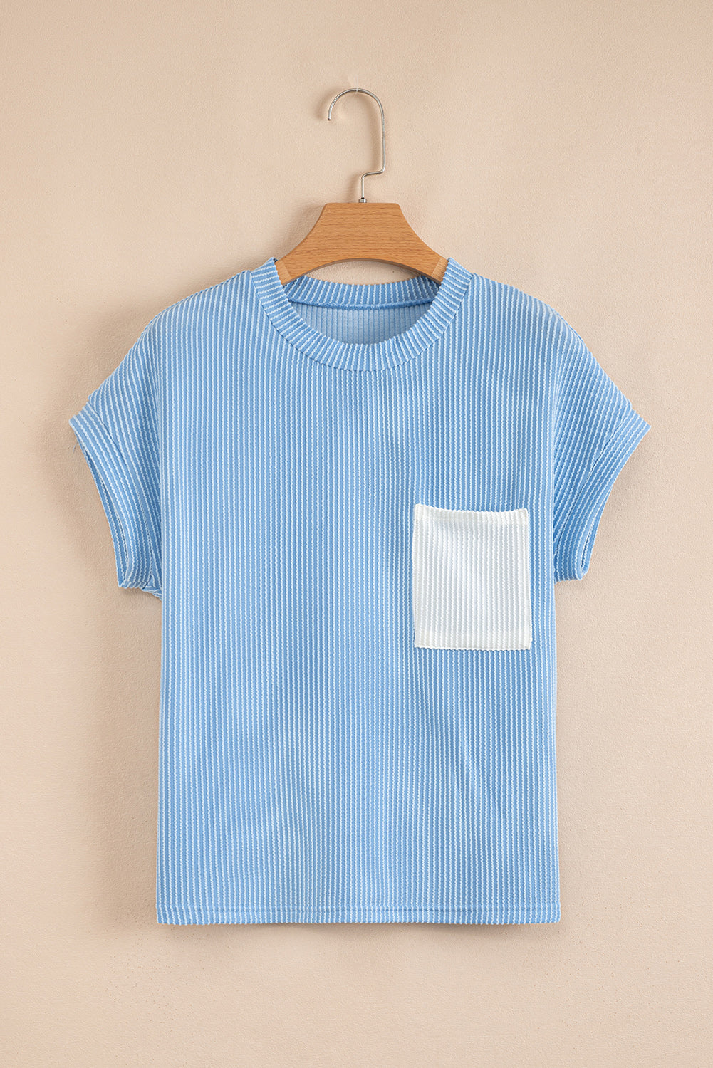 Pink Striped Textured Knit Pocket Casual Tee