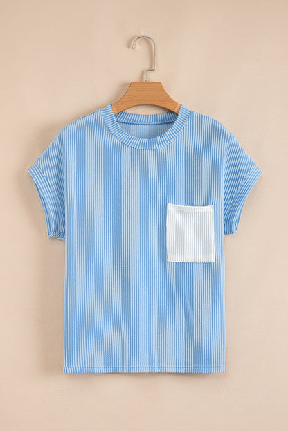 Pink Striped Textured Knit Pocket Casual Tee