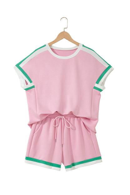 Mist Blue Contrast Trim Lounge Set Tee and Shorts