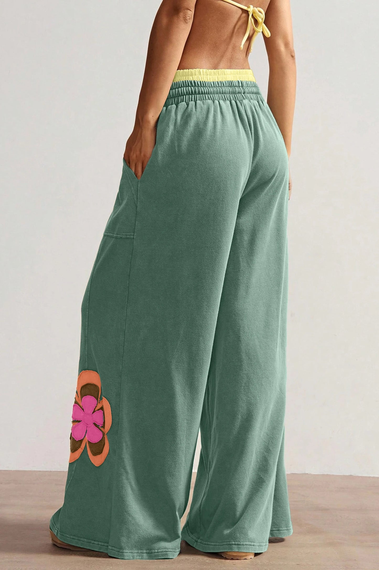 Color Block Floral Patch Wide Leg Pants Drawstring Waist