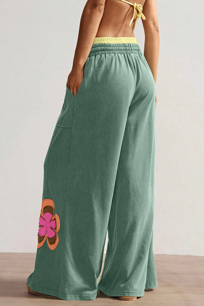 Color Block Floral Patch Wide Leg Pants Drawstring Waist