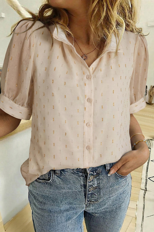 Beige Metallic Jacquard Puff Sleeve Button Blouse