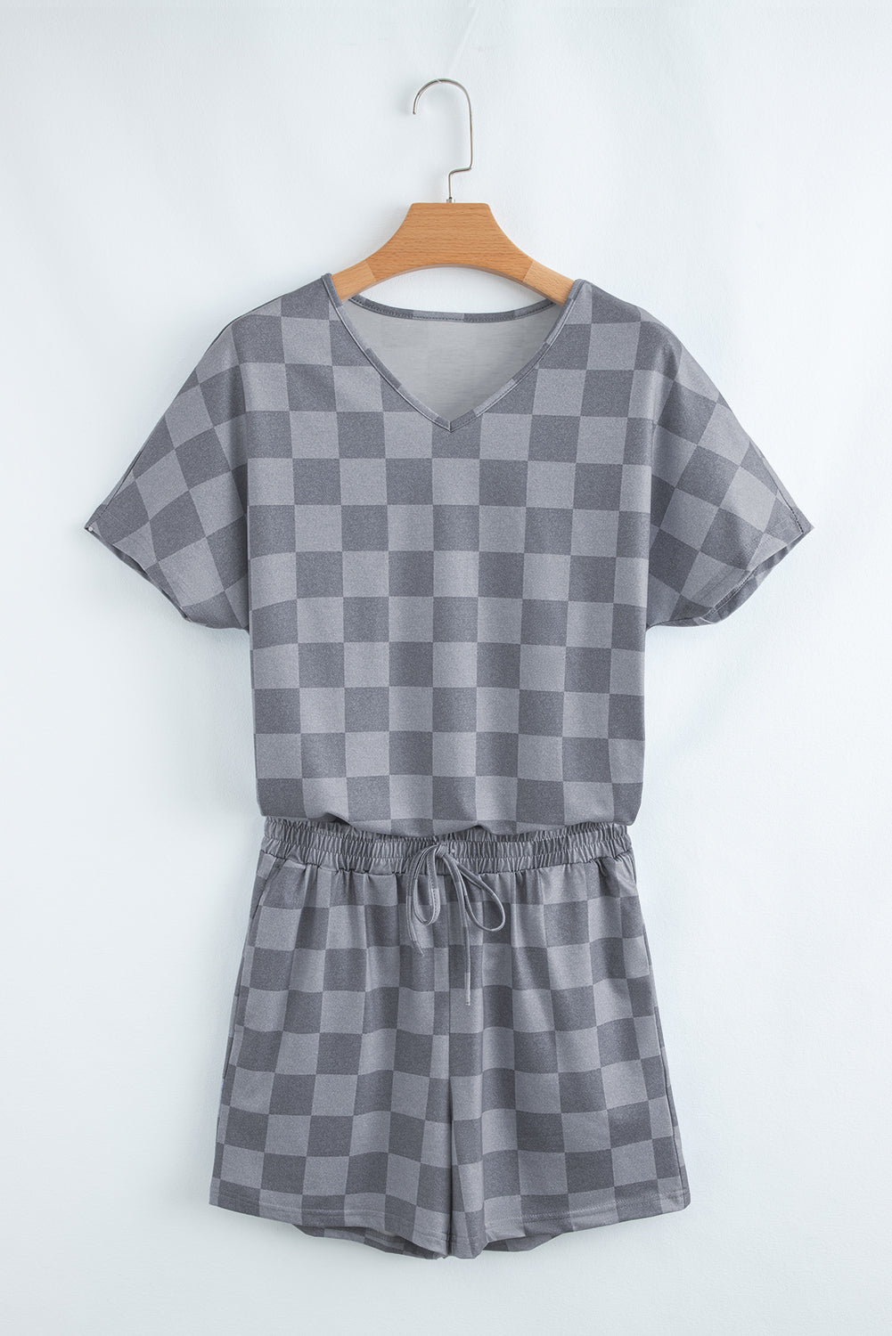 Beige Checkered Lounge Set V Neck Tee Shorts