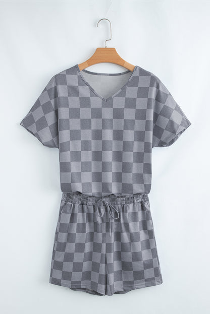 Beige Checkered Lounge Set V Neck Tee Shorts