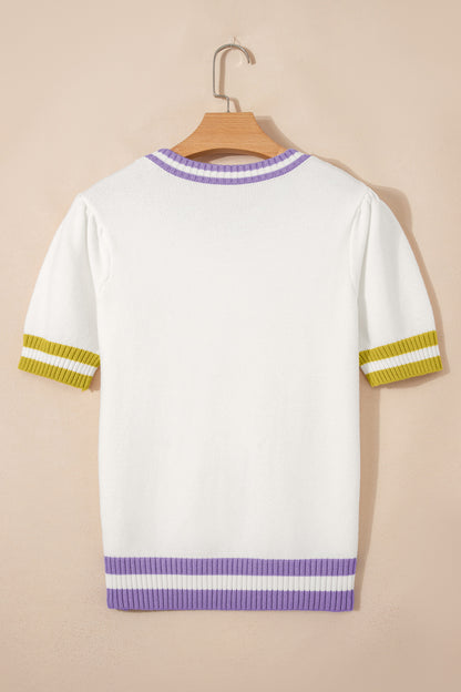 White Mardi Gras Tinsel Letter Graphic Short Sleeve Sweater