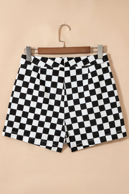 Checkered Print Overlap Denim Skort Mini Shorts