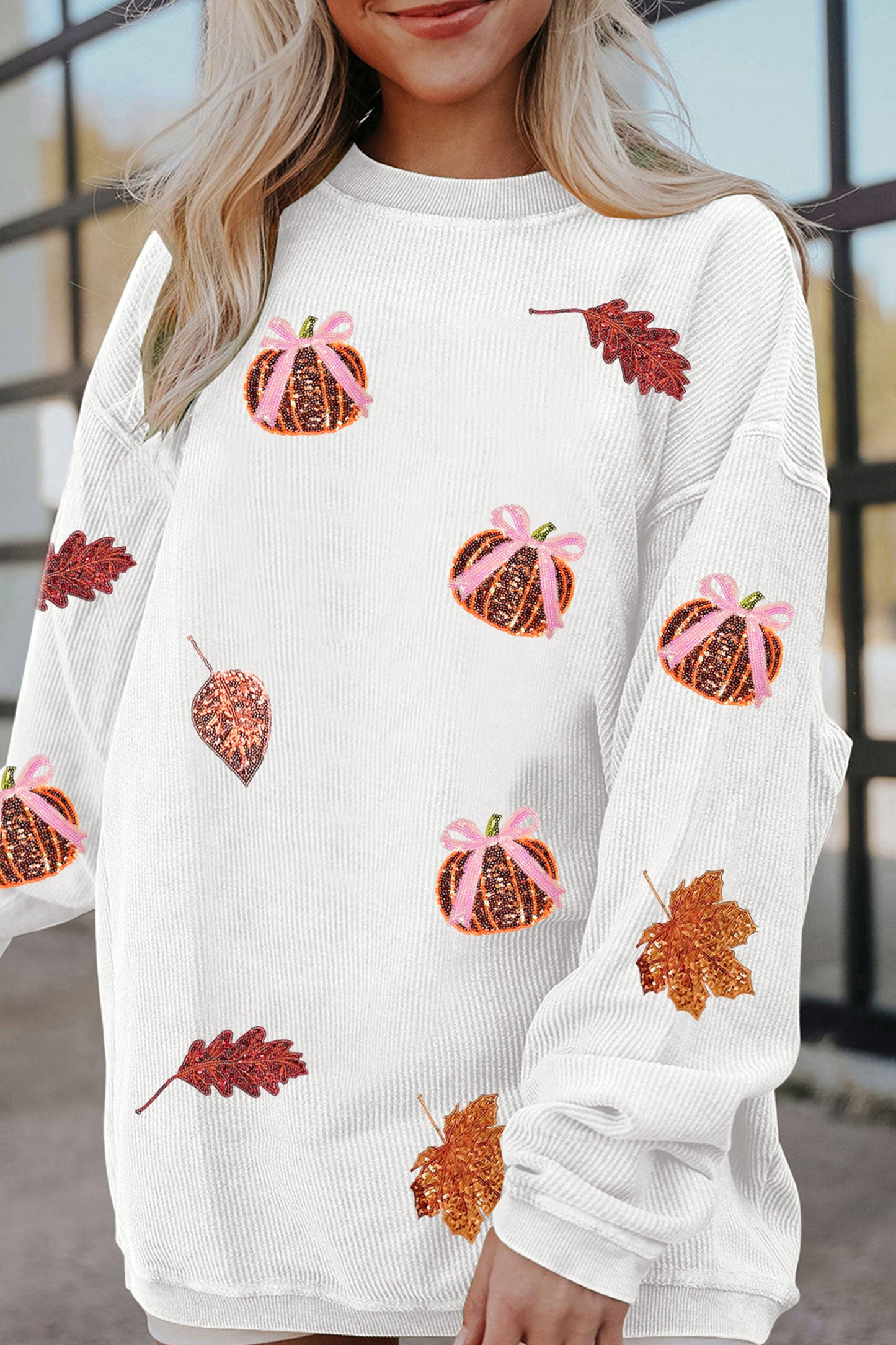 Sequin Pumpkin Leaf Corded Ribbed Oversized Sweatshirt
