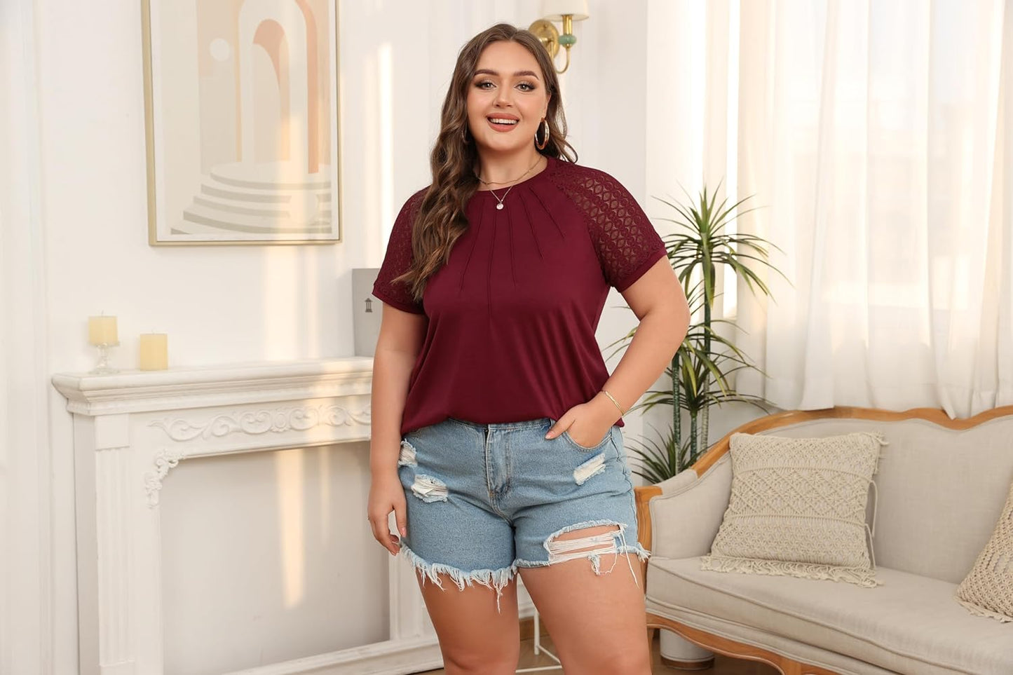 Women's Plus Size Contrast Lace Short Sleeve Tee Round Neck Summer T Shirt Tops