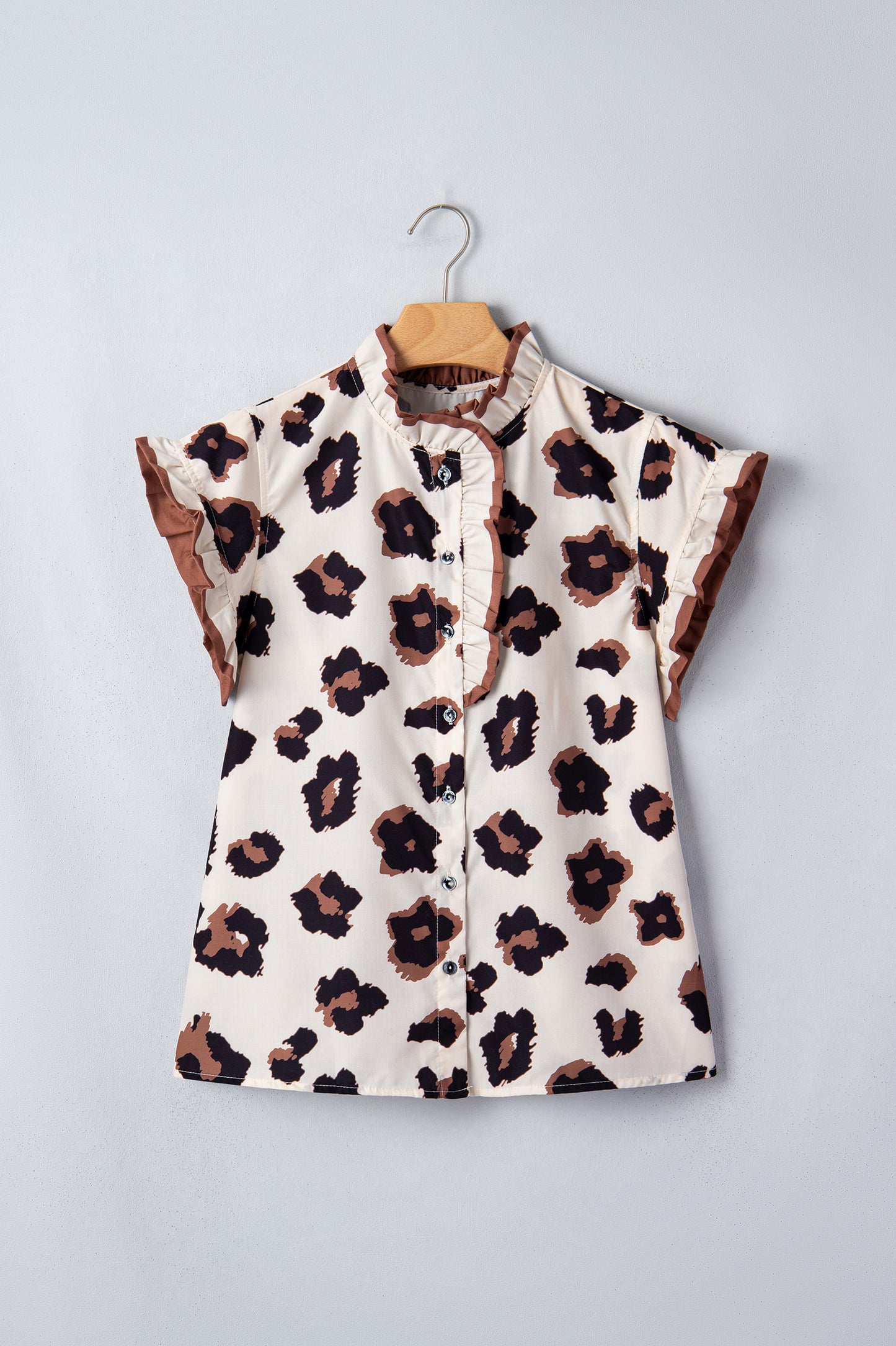 Khaki Leopard Printed Ruffle Sleeve Summer Blouse