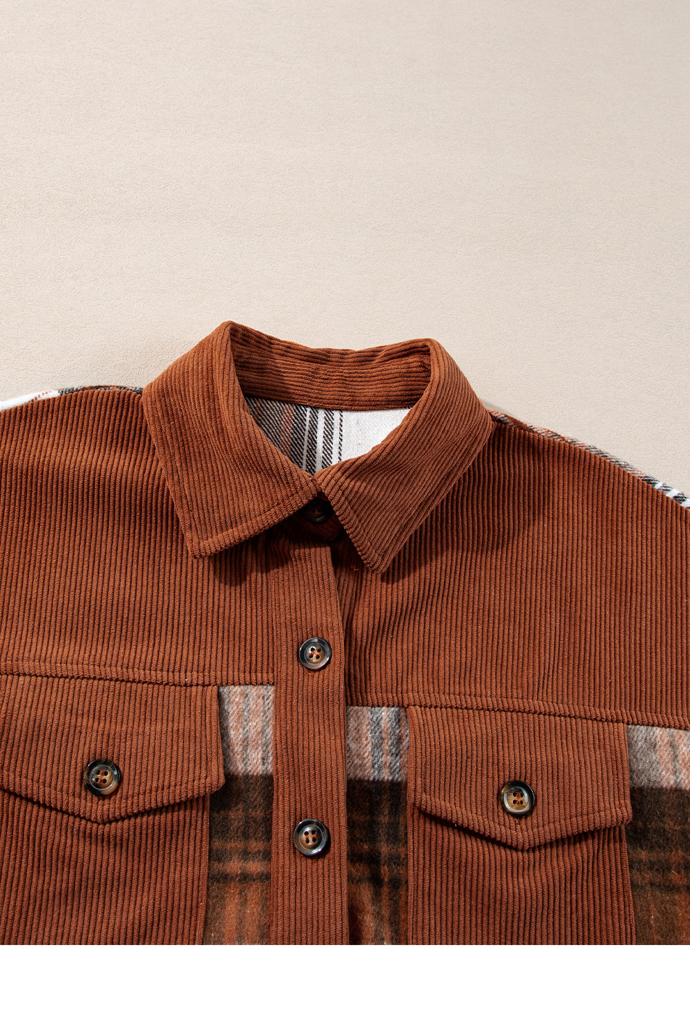 Light Pink Plaid Corduroy Patchwork Pocket Shacket