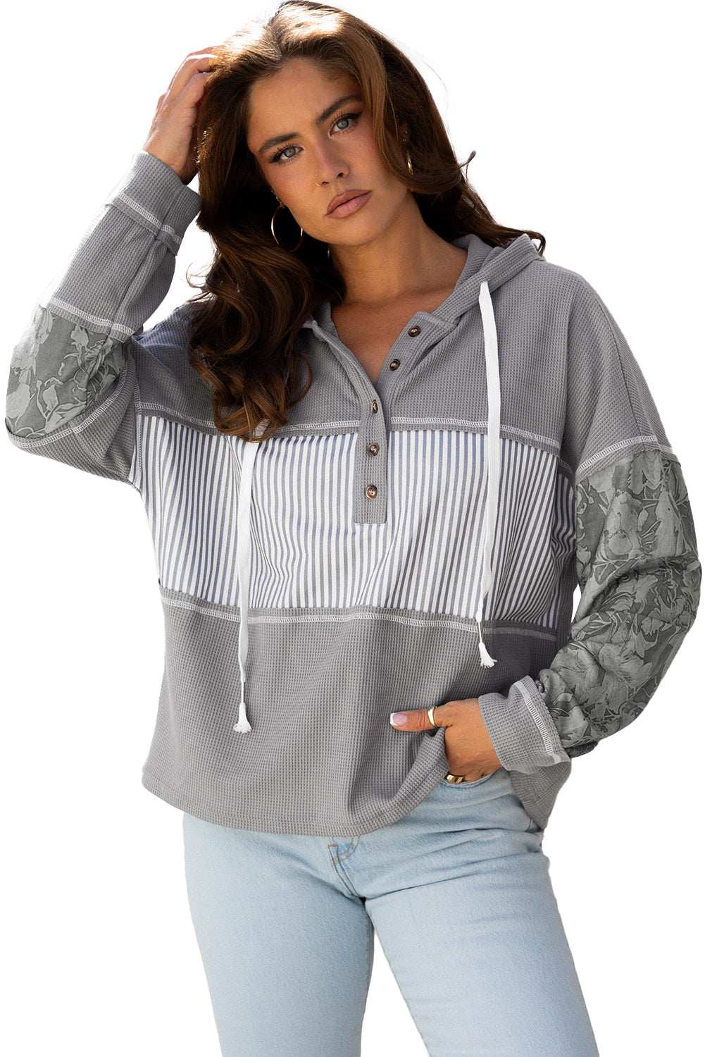 Cinnamon Waffle Printed Patchwork Drawstring Hooded Long Sleeve Top
