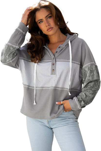 Cinnamon Waffle Printed Patchwork Drawstring Hooded Long Sleeve Top