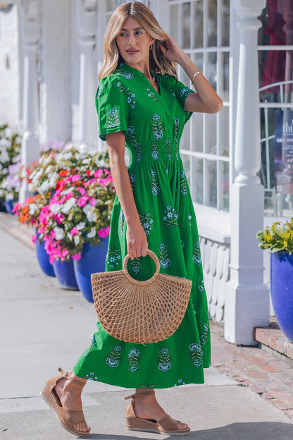 Floral Smocked Waist Maxi Dress Split Neck Boho