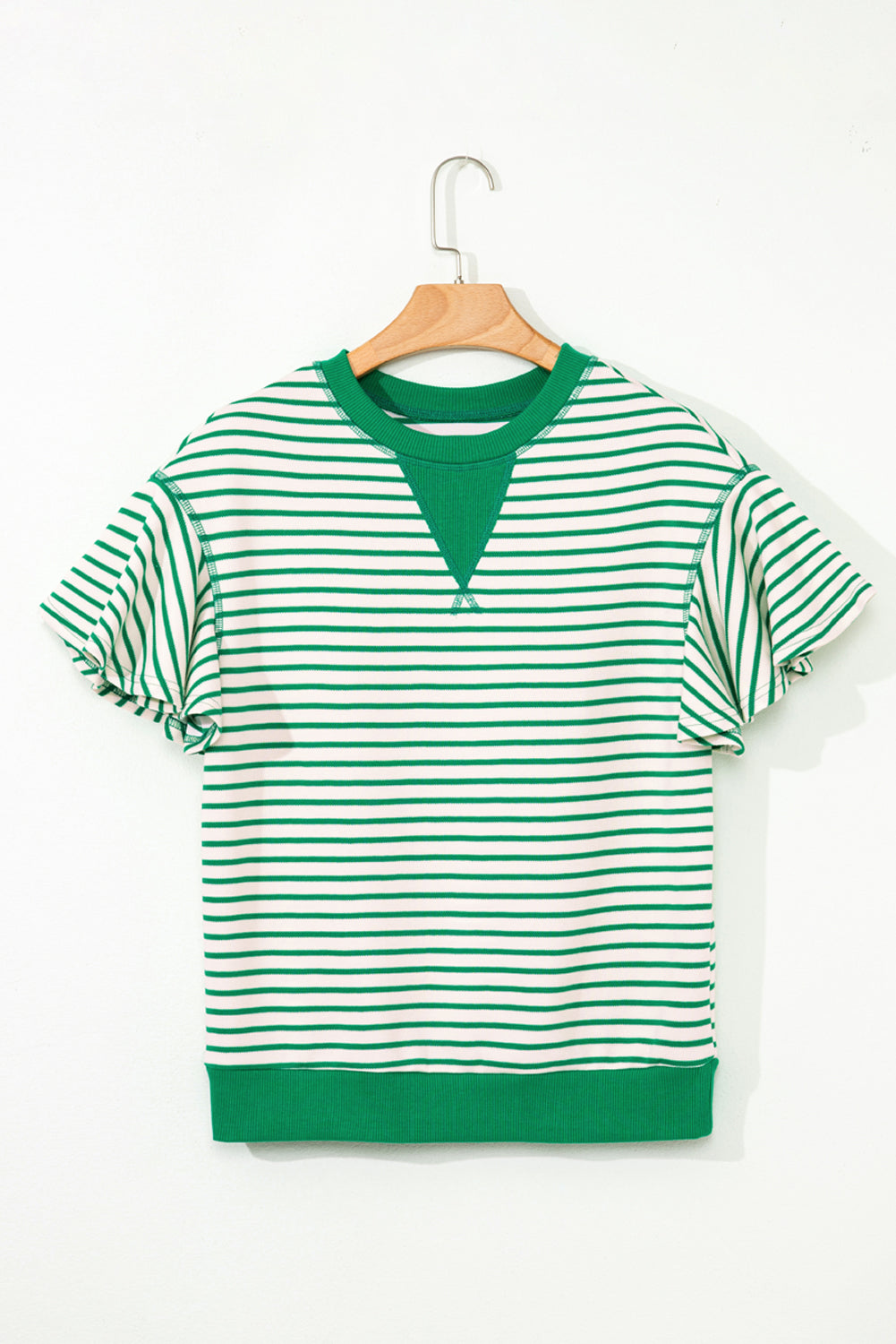 Green Striped Ruffle Sleeve Contrast Casual Top