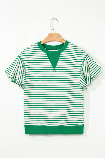 Green Striped Ruffle Sleeve Contrast Casual Top