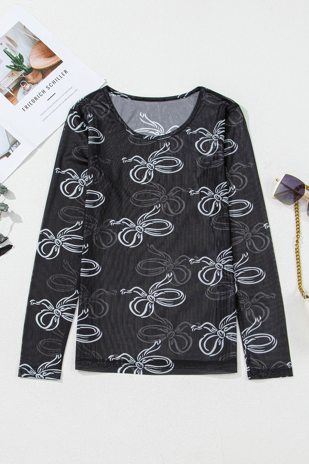 Valentine’s Black Bow Print Sheer Mesh Long Sleeve Top