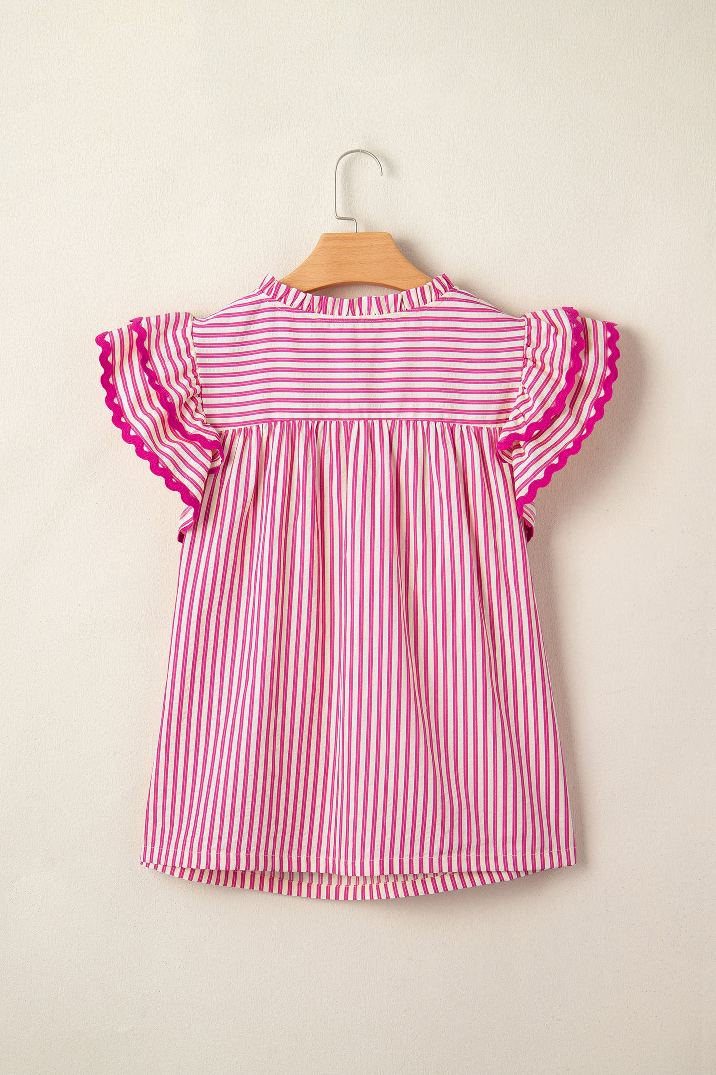 Rose Stripe Shirred Blouse Ruffle Sleeve Summer Top