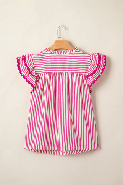 Rose Stripe Shirred Blouse Ruffle Sleeve Summer Top