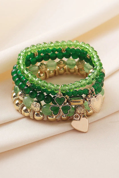 Green St Patrick 5PCS Lucky Clover Heart Charm Bracelet Set