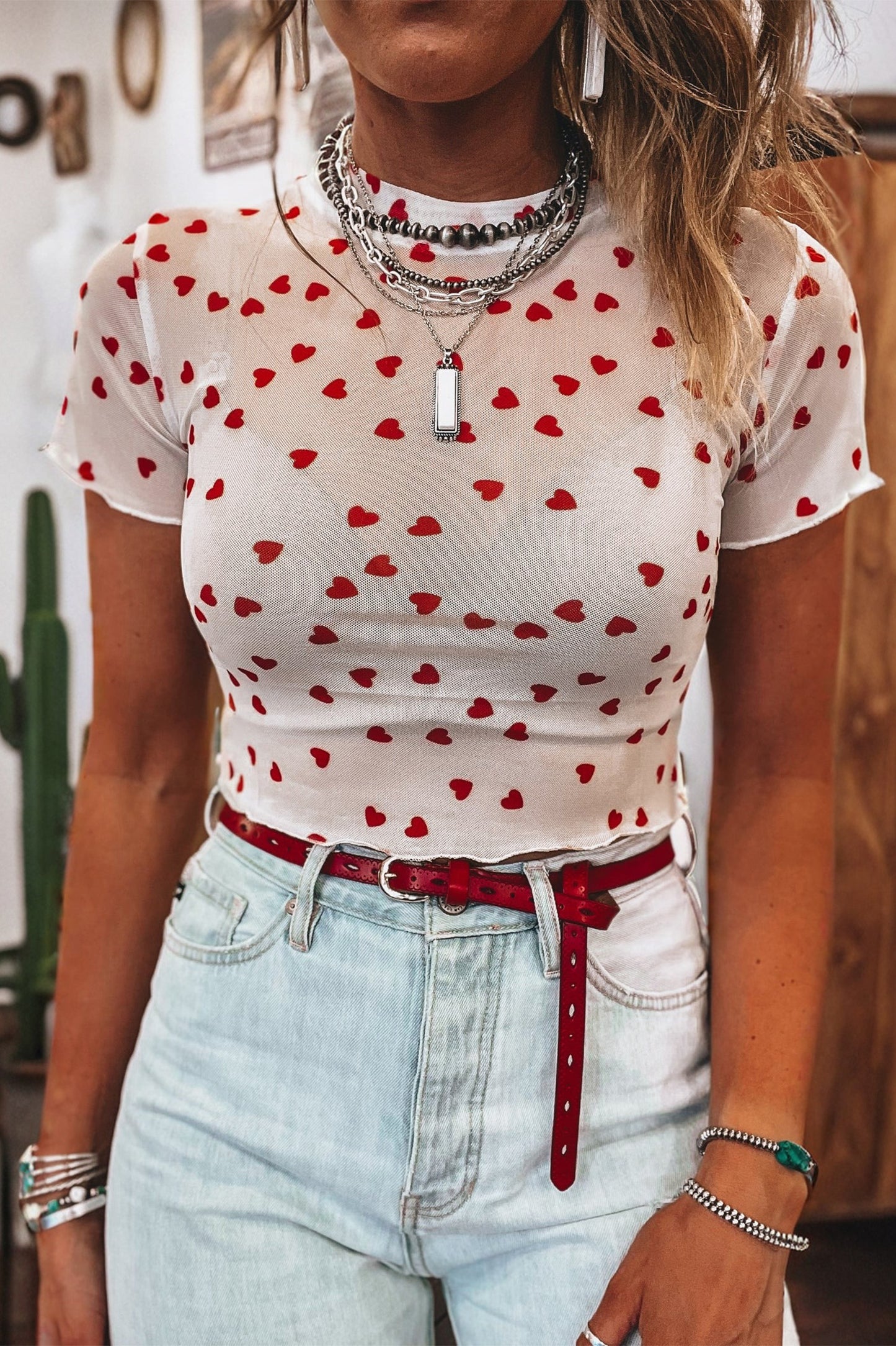 Racing Red Allover Heart Print Mesh Short Sleeve Top