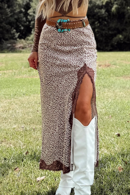 Cheetah Print Lace Trim Split Maxi Western Skirt
