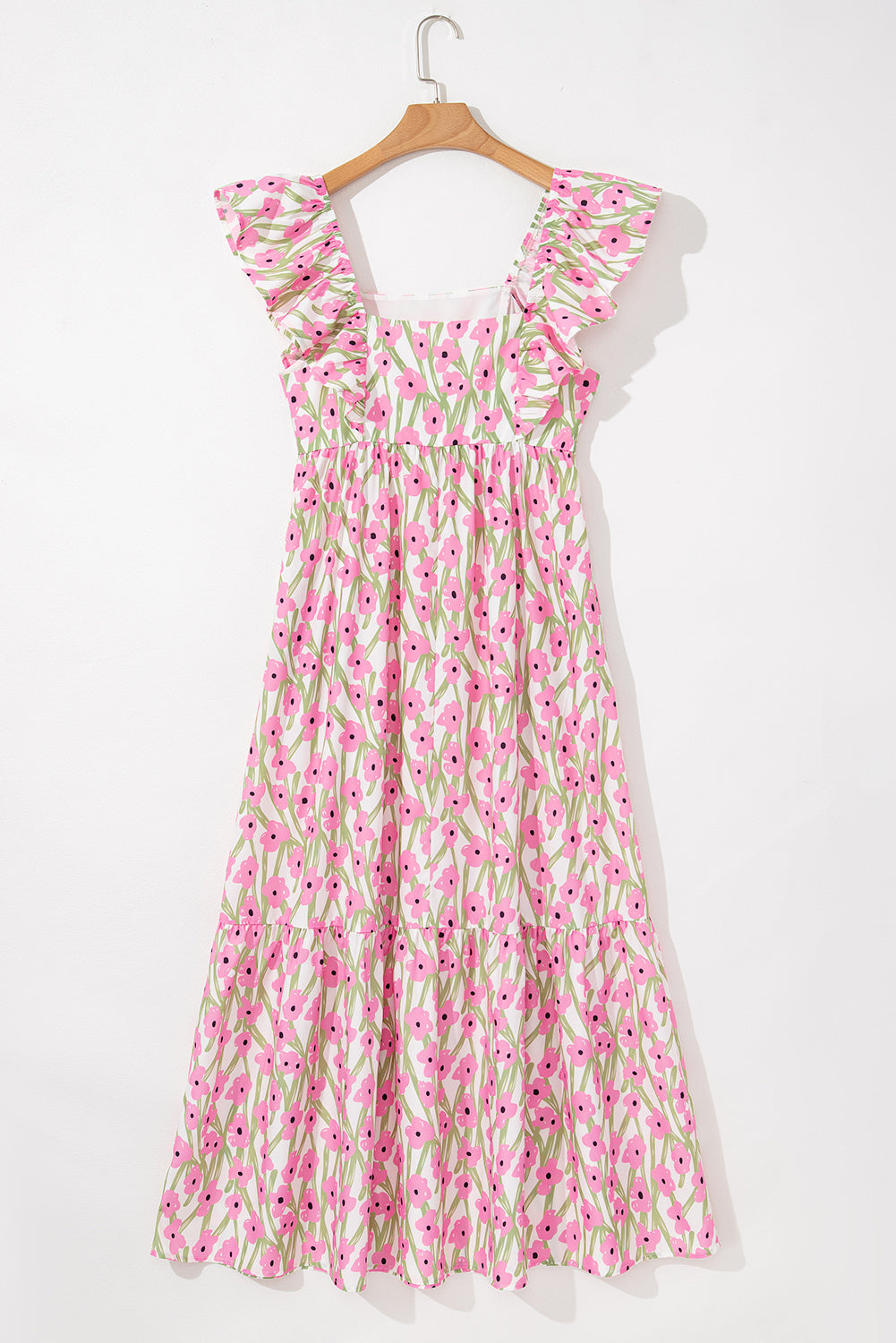 Pink Floral Square Neck Ruffle Sleeve Maxi Dress