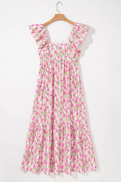 Pink Floral Square Neck Ruffle Sleeve Maxi Dress