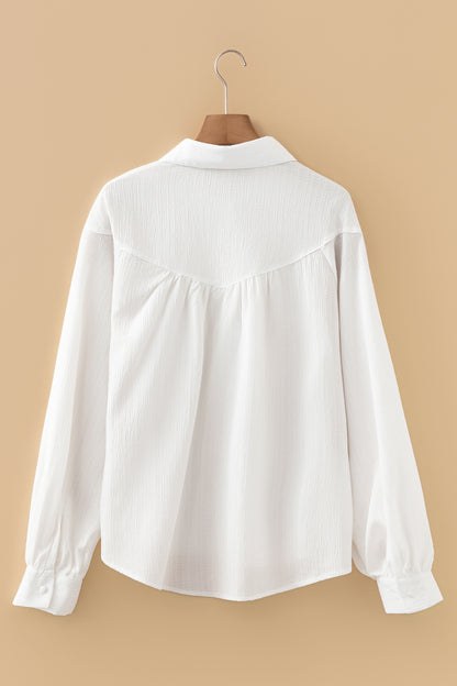 White Crinkle Button Down Top with Lantern Sleeves Loose Fit
