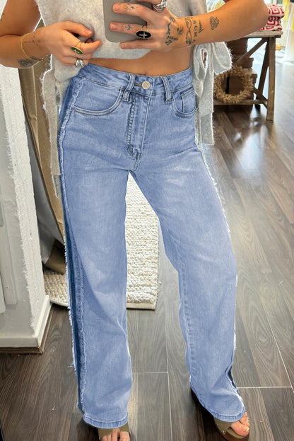 Beau Blue Contrast Stripe Patchwork Frayed Jeans