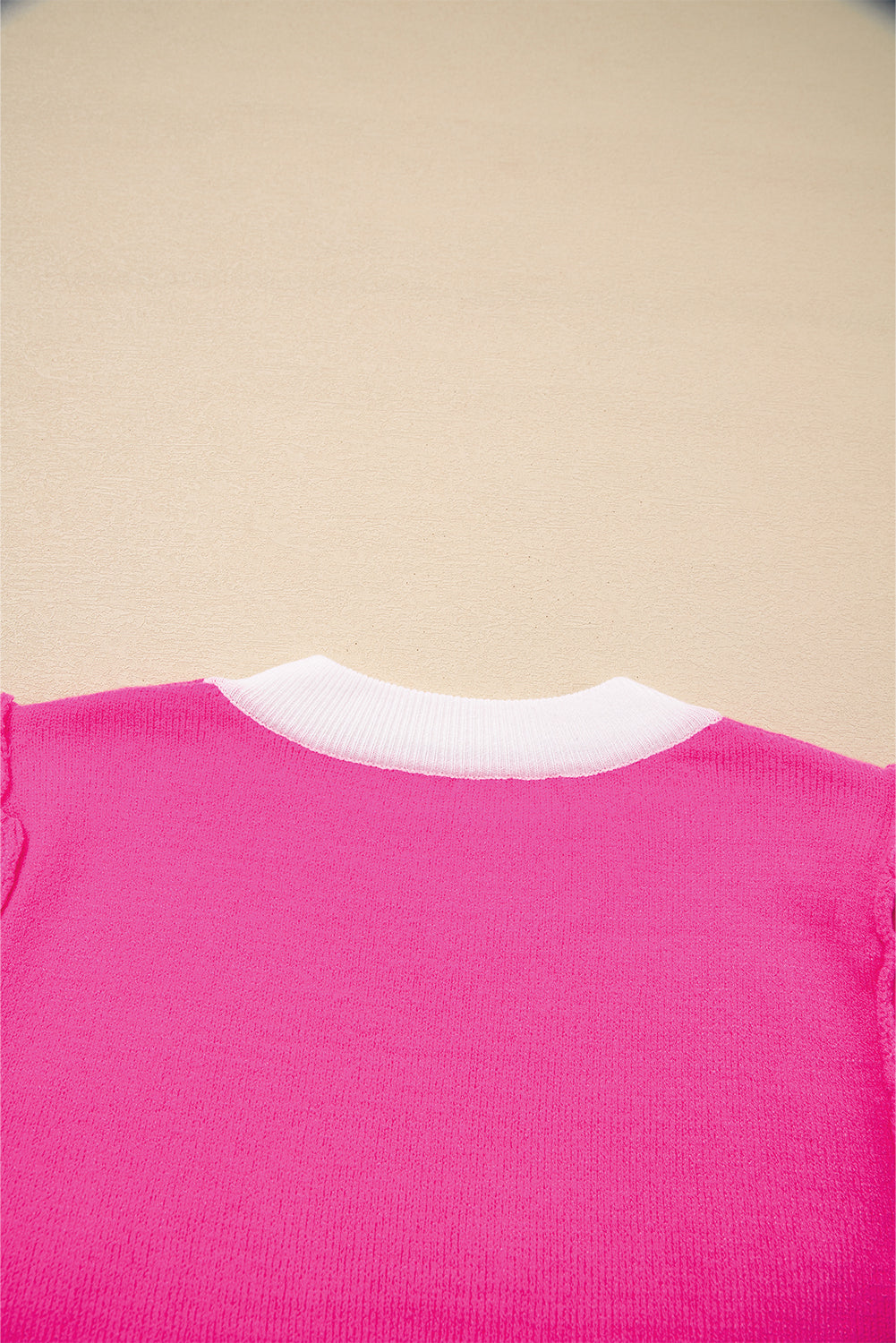 Bright Pink XOXO Puff Sleeve Contrast Knit Valentine Sweater Top