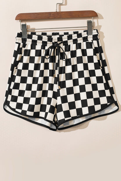 Checkered Drawstring High Waist Casual Lounge Shorts