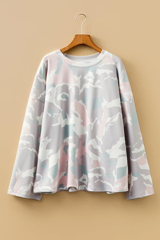 Plus Size Pink Green Camo Drop Shoulder Loose Pullover Top