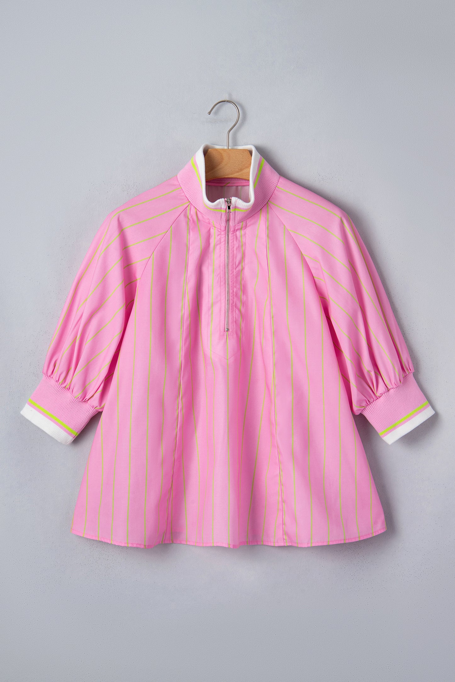 Pink Stripe Half Zip Blouse Puff Sleeve Casual Boutique Top