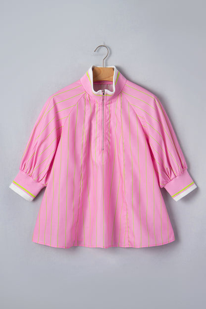 Pink Stripe Half Zip Blouse Puff Sleeve Casual Boutique Top