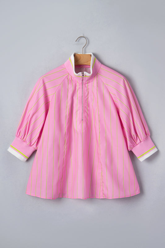 Pink Stripe Half Zip Blouse Puff Sleeve Casual Boutique Top