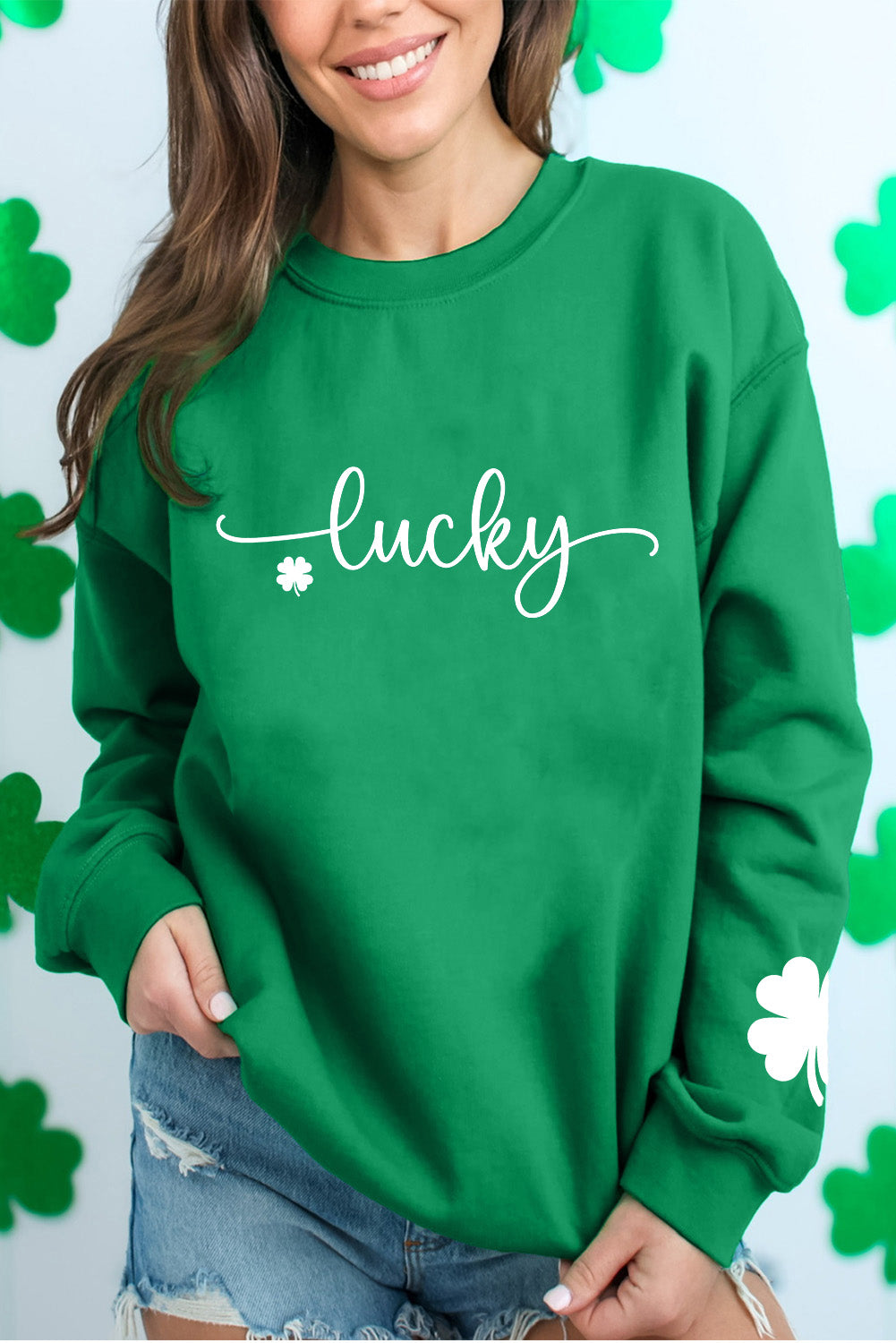 Green Lucky Clover Script St Patrick’s Drop Shoulder Sweatshirt