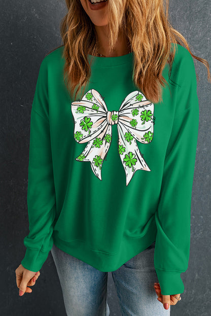 Dark Green Clover Bow St Patrick’s Drop Shoulder Sweatshirt