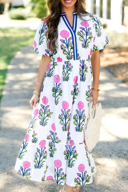 White Floral Contrast Trim V Neck Maxi Dress