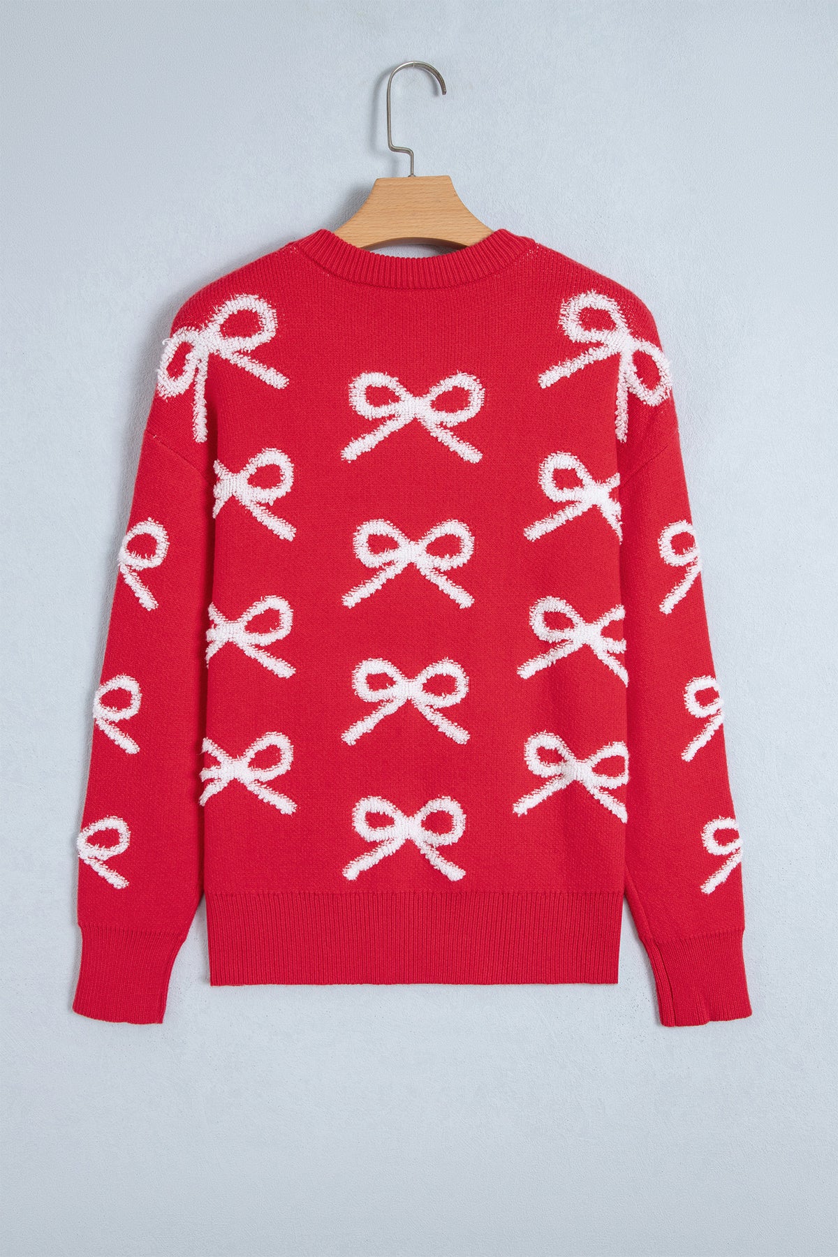 Fiery Red All Over Bow Dropped Shoulder Round Neck Shift Sweater