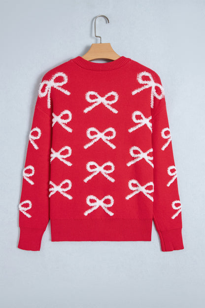 Fiery Red All Over Bow Dropped Shoulder Round Neck Shift Sweater