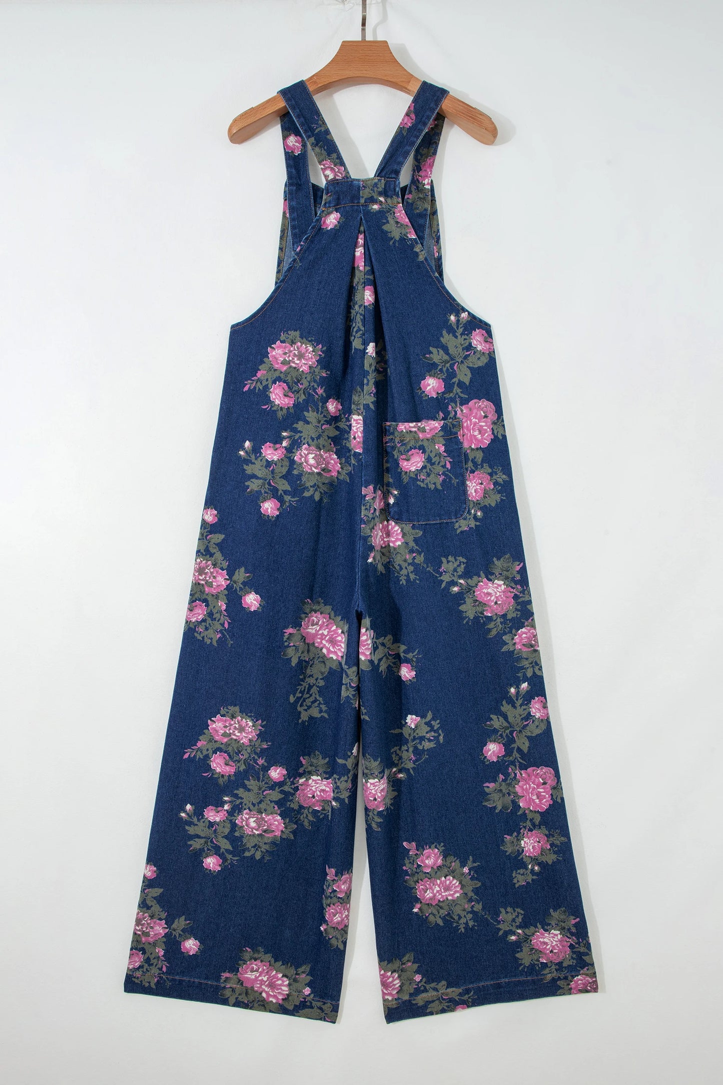 Women’s Blue Floral Wide Leg Denim Jumpsuit Adjustable Straps