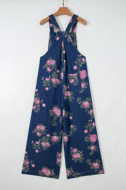 Women’s Blue Floral Wide Leg Denim Jumpsuit Adjustable Straps