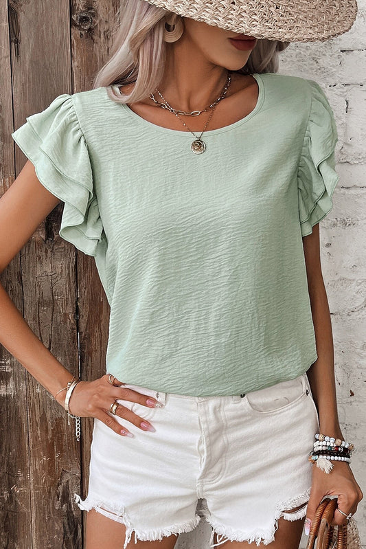 Clearly Aqua Ruffle Sleeve Summer Casual Blouse Top