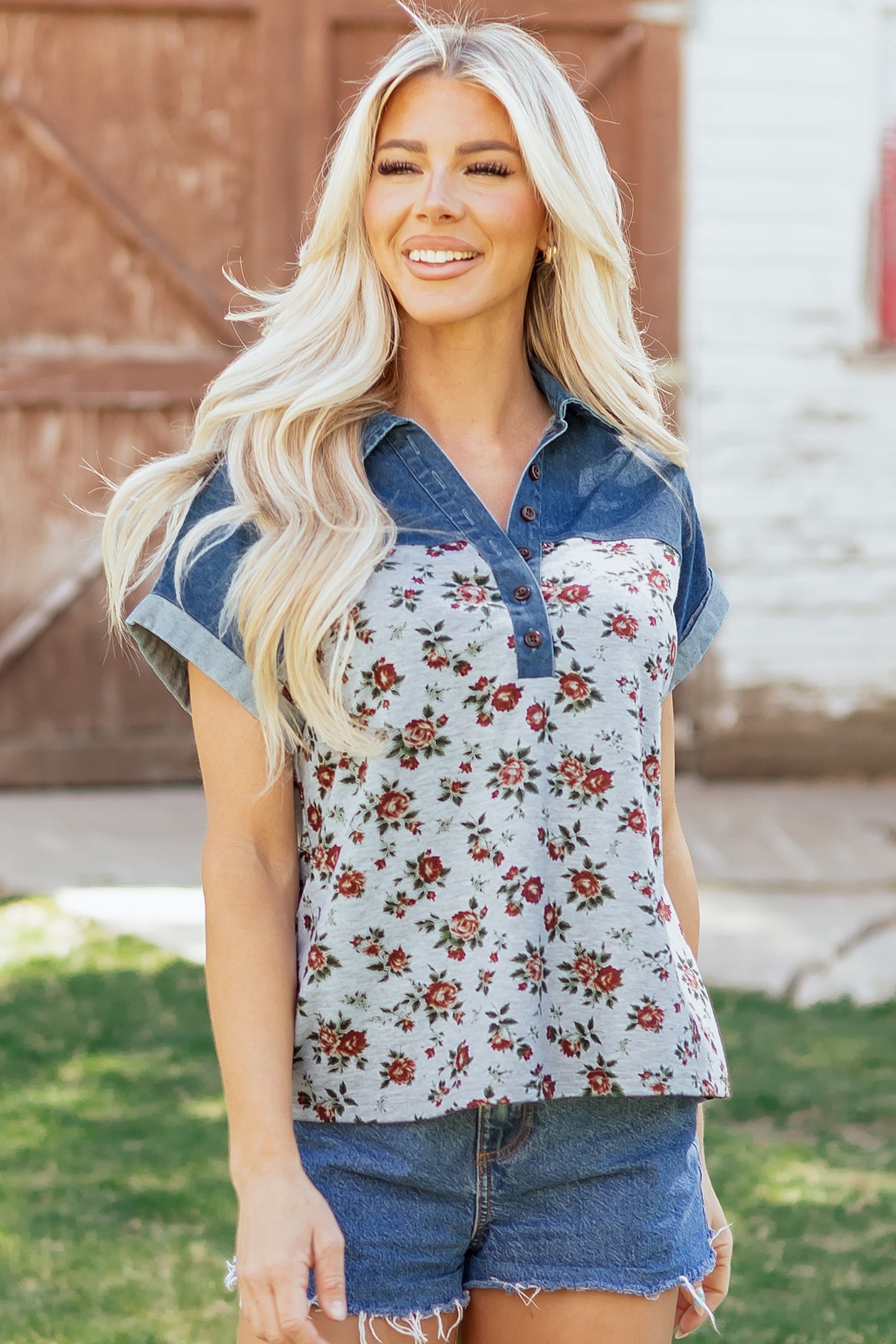 Floral Color Block Polo Henley Button Casual Top